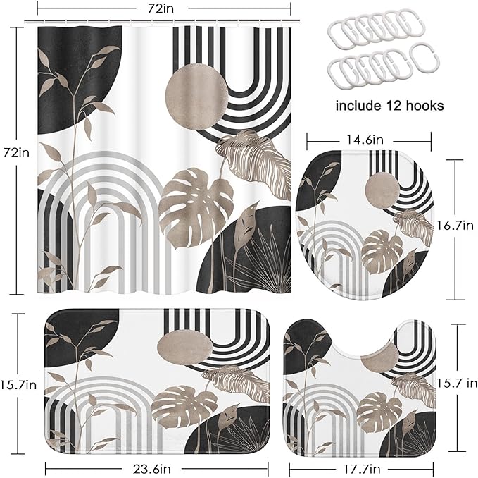 Boho Grey Shower Curtain Set with Toilet Lid Cover and Non-Slip Rugs, Abstract Leaf Minimalist Neutral 4 Pcs Modern Minimalist Vintage Shower Curtain for Bathroom Set with 12 Hooks