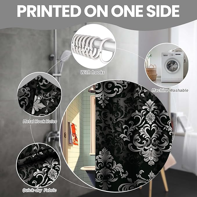 NBVKO 4Pcs Luxury Damascus White Flower Pattern Shower Curtain Set with 12 Hooks Non-Slip Rugs,Toilet Lid Cover and Bath Mat,Dark Gold Bathroom Decor for Hotel & Home Bathroom