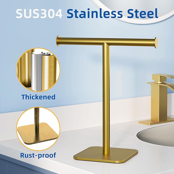 RUACQ Hand Towel Holder Stand, T-Shape Stainless Steel Free Standing Towel Rack, Vanity Countertop Towel Holder for Bathroom Kitchen Heavy Duty (Brushed Gold, 2 Pack)