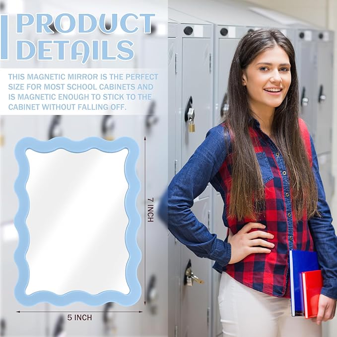 Leinuosen 1 Pcs Scalloped Magnetic Locker Mirror Small Real Glass Makeup Mirror with Magnetic Backing Cute Locker Decorations for Office Cabinet Lockers Accessories (5 x 7 Inch,Blue)