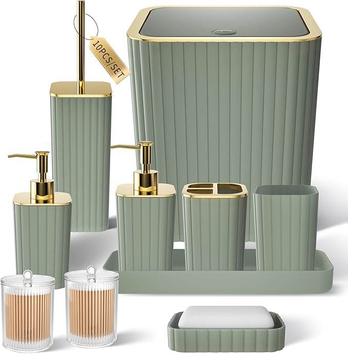 XLHOMO Bathroom Accessories Set - Gorgeous Bathroom Set, 10PC Sage Green Bathroom Accessory Set, Toilet Brush, Trash Can & Soap Dispenser