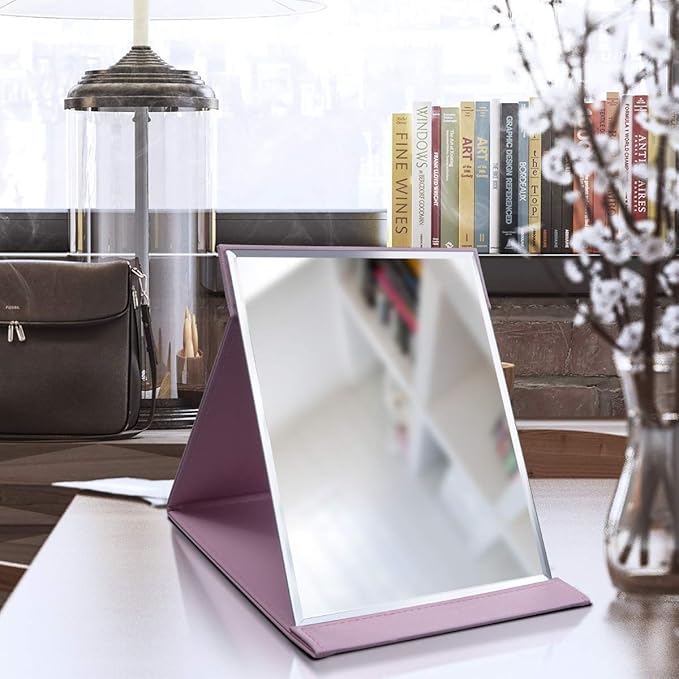 LONGSHENG - SINCE 2001 - Protable PU Leather Mirror Folding Desktop Makeup Mirror with Adjustable Stand for Personal Use,Travelling (L, Pink)