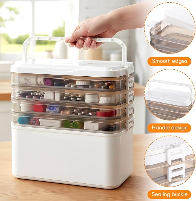 5-Tier Medicine Organizer-12 x 7 x 12.2 Inch Portable Medicine Cabinet Organizer with Plastic Handle All-Purpose Medical Box with Complimentary Portable Pill Box Empty First Aid Kit for Home