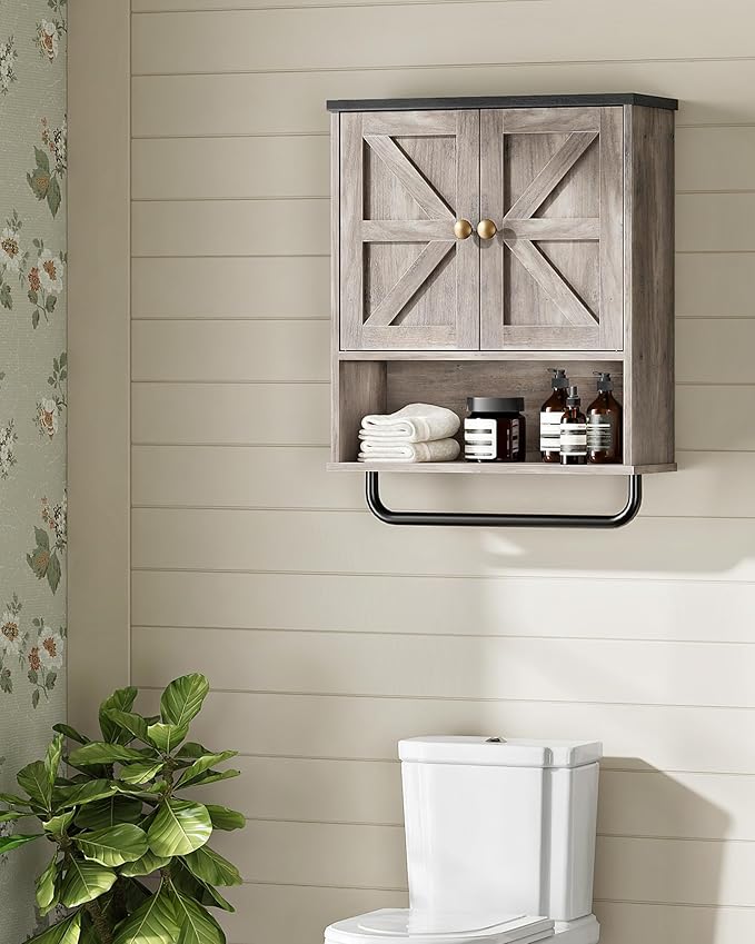 CHOEZON Bathroom Wall Cabinet, Medicine Cabinet with Open Partition and Towel Bar, Rustic Storage Cabinet with Open and Hidden Storage Space, for Bathroom, Living Room, Greige and Charcoal Black