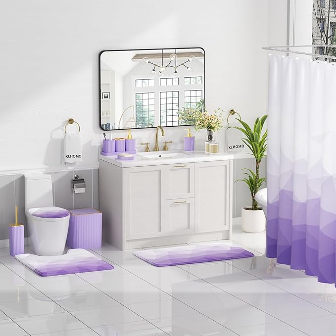 XLHOMO Bathroom Accessory Set - 26PC Bathroom Shower Curtain and Rug Set, Bathroom Accessories Set, Purple Bathroom Set with Trash Can, Toilet Brush, Qtip Holder & Soap Dispenser