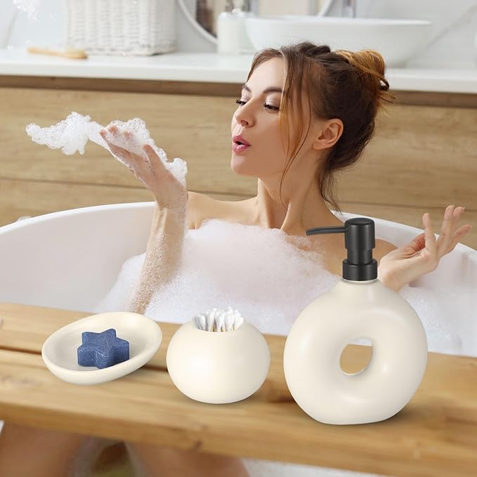 FoldTier 5 Pcs Ceramic Bathroom Accessories Set Includes Soap Dispenser Toothbrush Cup Holder Soapbox Holder Stylish Modern Bathroom Matte Glaze Decor(White)