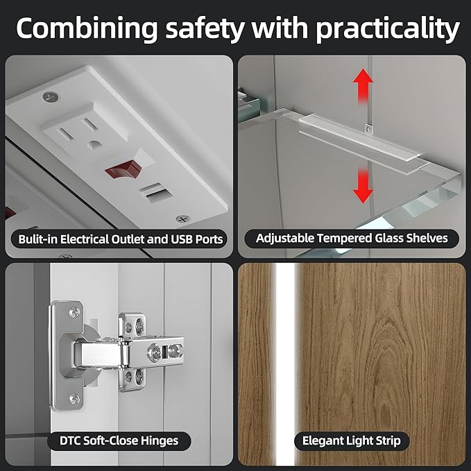 Medicine Cabinet with LED Lights and Mirror, 24 x 36 Inch Surface or Recessed Mounted Bathroom Cabinets with Door, Defogger, Memory Function, 3-Color Mode, Outlet&USB, Dimmer, Storage Shelf