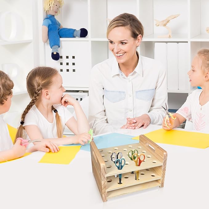 Wooden Scissor Holder Scissors Storage Rack 24 Holes Natural Wood Scissor Organizer Stand Eyebrow Pen Holder Display Stand Makeup Brush Rack Desk Organizer for Classroom Office Barber Shop Home