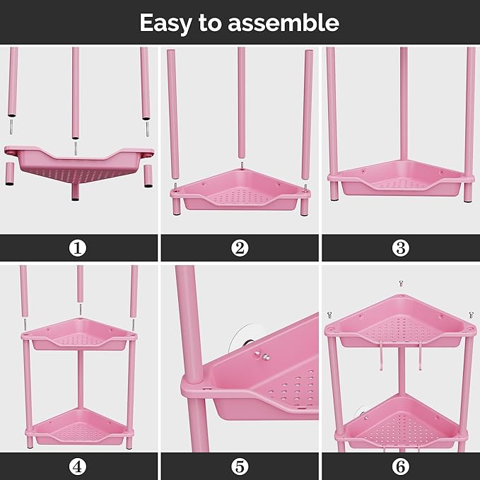 Orimade Rustproof 4 Tier Floor Standing Corner Shower Caddy Organizer, Plastic Metal Splicing Floor Corner Shelf Rack Storage Stands for Bathroom,10.8 x 10.8 x 44.6 inches, Pink