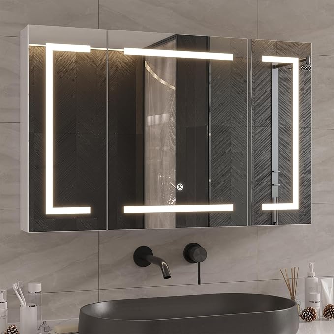 DICTAC Medicine Cabinet with Mirror and LED Light, Wall Mounted Bathroom Mirror with Storage, 3 Doors Bathroom Wall Cabinet, Memory Dimmable 3 Color Temp, Adjustable Shelves, 39.4''x23.6''