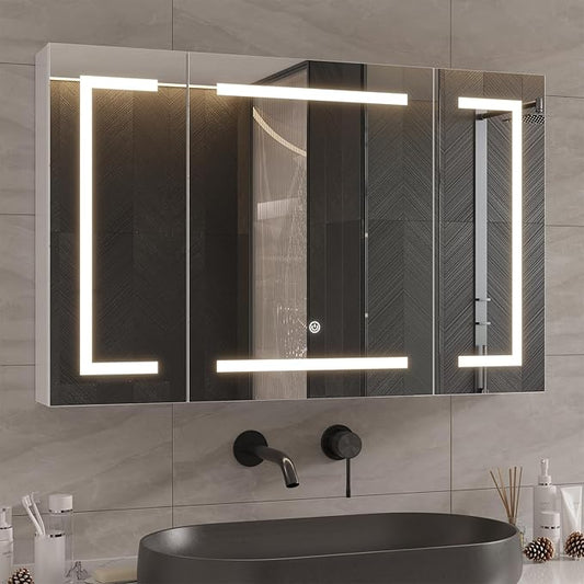 DICTAC Medicine Cabinet with Mirror and LED Light, Wall Mounted Bathroom Mirror with Storage, 3 Doors Bathroom Wall Cabinet, Memory Dimmable 3 Color Temp, Adjustable Shelves, 39.4''x23.6''