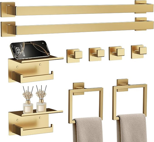 10-Piece Brushed Gold Bathroom Accessories Set, 23.6 Inch Bathroom Hardware Set, SUS304 Stainless Steel Bath Towel Bar Set, Toilet Paper Holder with Shelf, Towel Hooks & Ring Wall Mounted