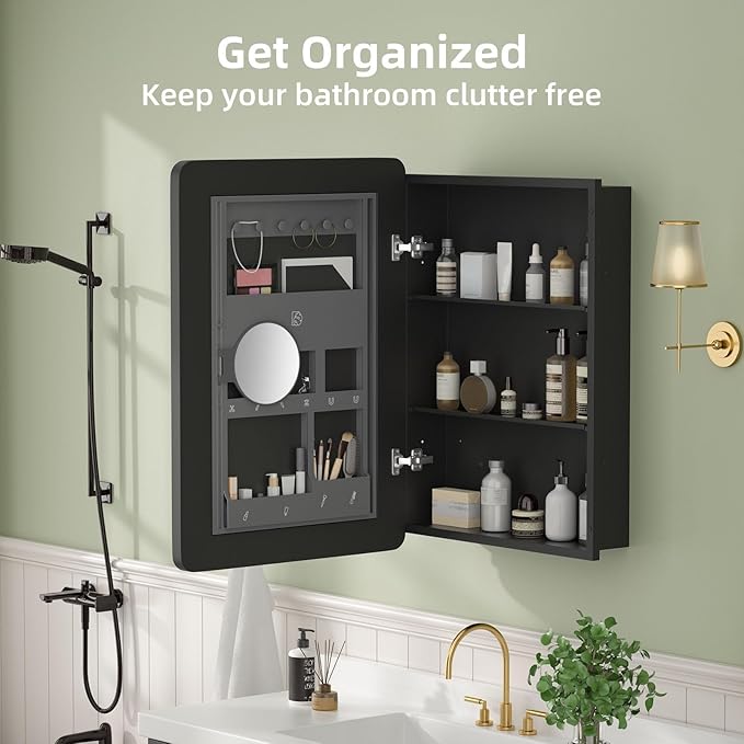 20×28 Black Medicine Cabinet with Mirror, Bathroom Medicine Cabinet with Mirror for Vanity Wall Mounted & Recessed with Cosmetics Storage Rack, 2 Stable and Removable Shelves, Easy Installation