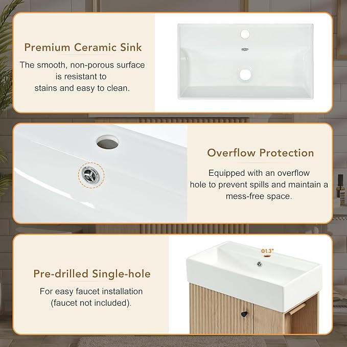 Virubi 21.6" Small Fluted Bathroom Vanity with Sink,Soft Closing Doors and Storage Shelves,Natural Wood Single Bathroom Sink Cabinet Combo Freestanding, Natural Wood