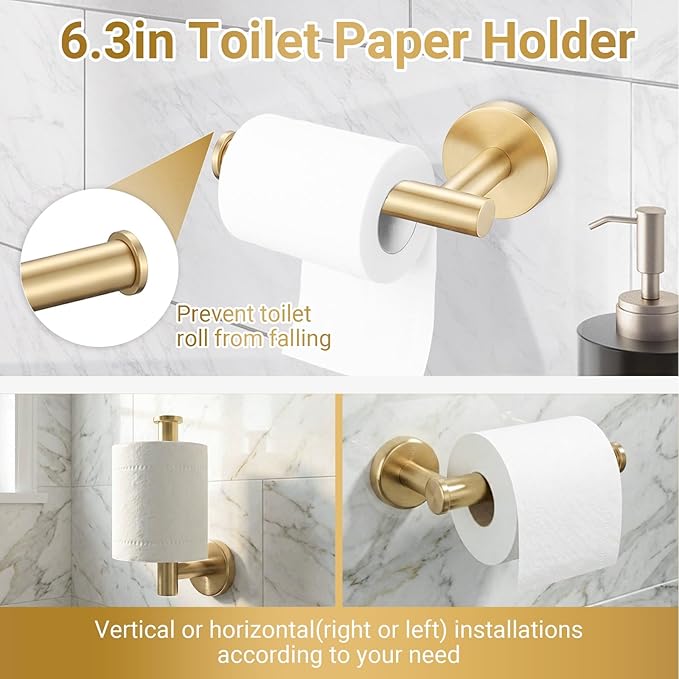 24 Inch Usable Towel Bar, 5-Piece Blushed Gold Bathroom Accessories, SUS304 Stainless Steel Towel Ring Holder, Toilet Paper Holder with 2 Hooks, Wall Mounted Modern Bathroom Hardware Set