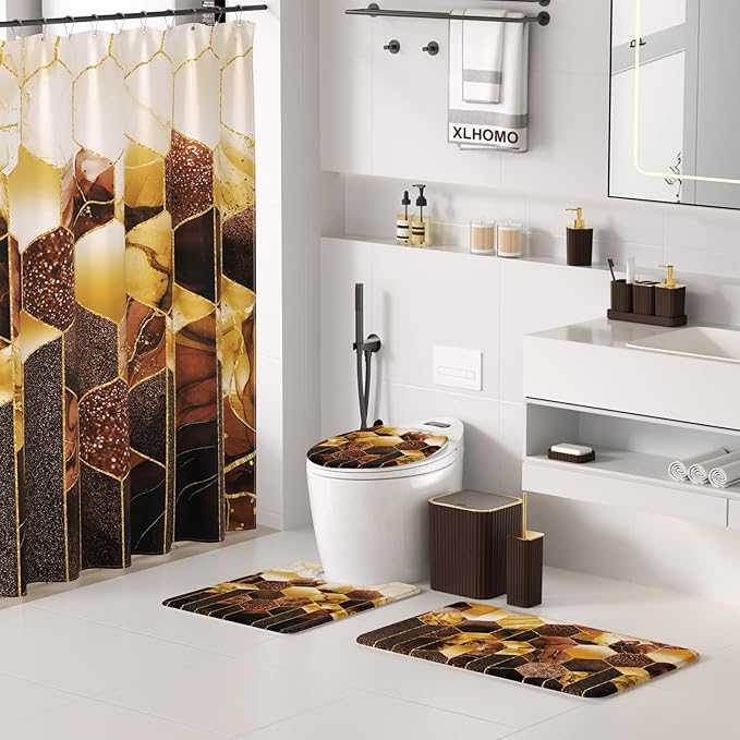 XLHOMO Bathroom Set - 26PC Bathroom Set with Shower Curtain and Rugs, Bathroom Accessory Set, Brown Bathroom Accessories Set, Trash Can & Soap Dispenser
