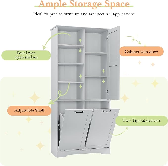 Virubi Tall Laundry Cabinet with 2 Tilt Out Laundry Hampers, Wood Bathroom Storage Cabinet with Doors and Adjustable Shelves, for Bathroom Sotrage Organization, Freestanding, Grey