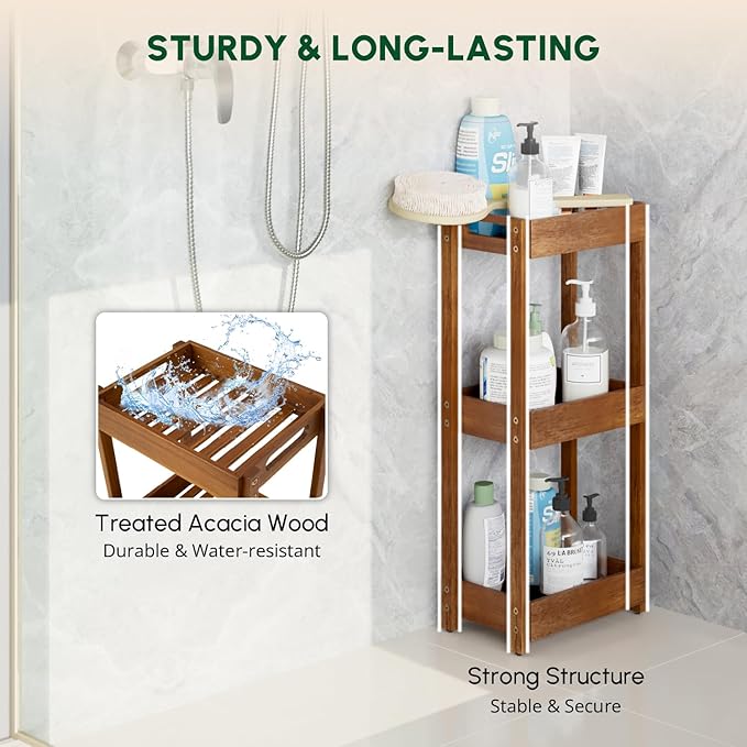 BEEFURNI Acacia Wood Shower Caddy, 3 Tier Shower Organizer, Sturdy Corner Shower Caddy, Wooden Bathroom Shelves Freestanding, Bathroom Standing Shelf (3T)