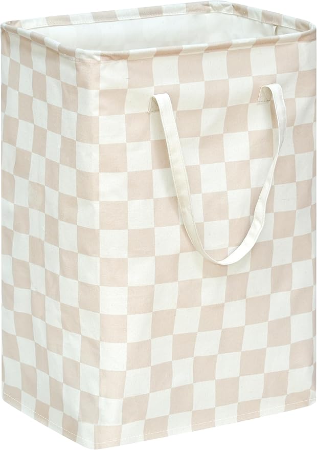 MAIZMZ Beige Checkered Laundry Basket Girls Hamper Storage Bins Organizer Toy Box Large Canvas Collapsible Chest for Home/Dorm/Kitchen/Pet/Office/Closet/Shelf/Gift Baskets