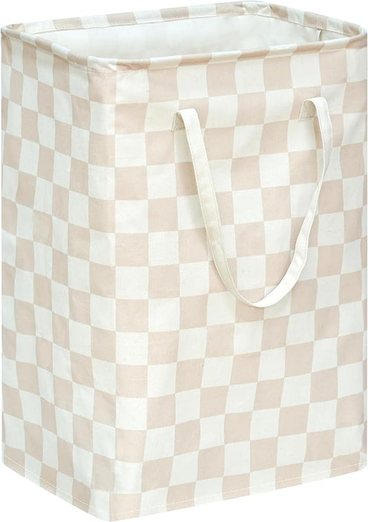 MAIZMZ Beige Checkered Laundry Basket Girls Hamper Storage Bins Organizer Toy Box Large Canvas Collapsible Chest for Home/Dorm/Kitchen/Pet/Office/Closet/Shelf/Gift Baskets