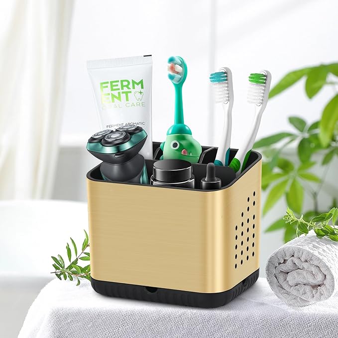 PARKMANI Toothbrush Holders for Bathrooms, Tooth Brush Holder for Bathroom Countertop Organizer, Kids Electric Toothbrush and Toothpaste Holder (Brushed Gold)