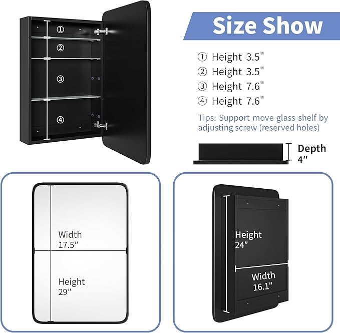 AGDULL Vintage-Style Bathroom Wood Black Cabinet with 17.5''x29'' Black Metal Frame Curved Mirror, Recessed Medicine Cabinet, Bathroom Storage Cabinet