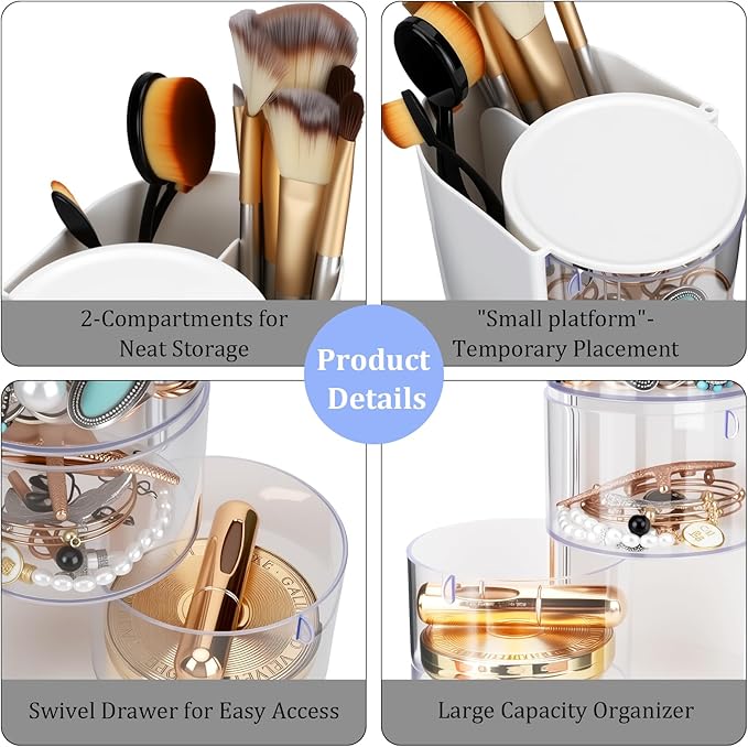 3-Tier Clear Hair Accessories Organizer with Makeup Brush Holder, Rotatable Jewelry Storage Box with Cute Stickers for Bows & Clips, Desktop Organizer Case for Bathroom Vanity Countertop (White)