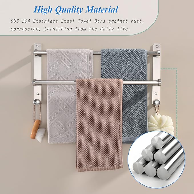 Double Towel Bar with Hooks for Bathroom - 18 Inch Brushed Stainless Steel Towel Rack, Wall Mounted Towel Rails