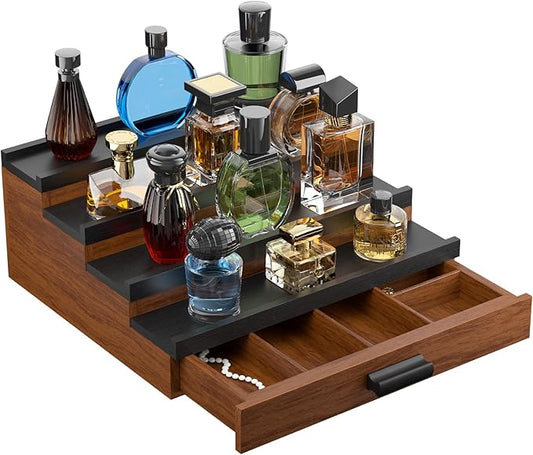 Perfume Cologne Organizer for Men: 4 Tier Wooden Perfumes Stand, Desktop Parfum Holder Wood Display Shelf with Cabinet, Bedroom Dresser Makeup Lotion Jewelry Storage Rack with Drawer