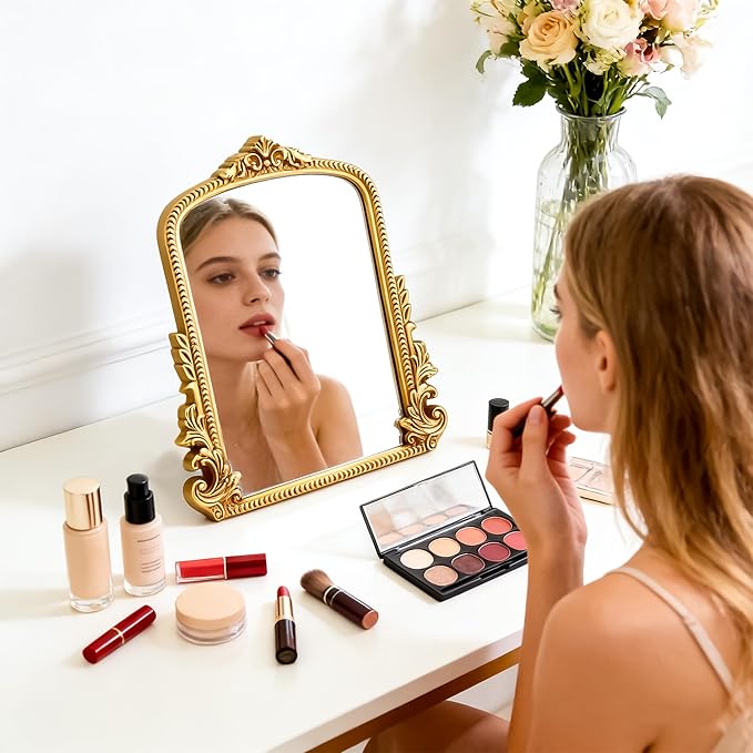 SIBAO Gold Vintage Baroque Vanity Mirror,11.8" x 9.6" Arched Tabletop Makeup Mirror with Stand and Hook,Free Standing for Bedroom,Living Room,Dresser Desktop