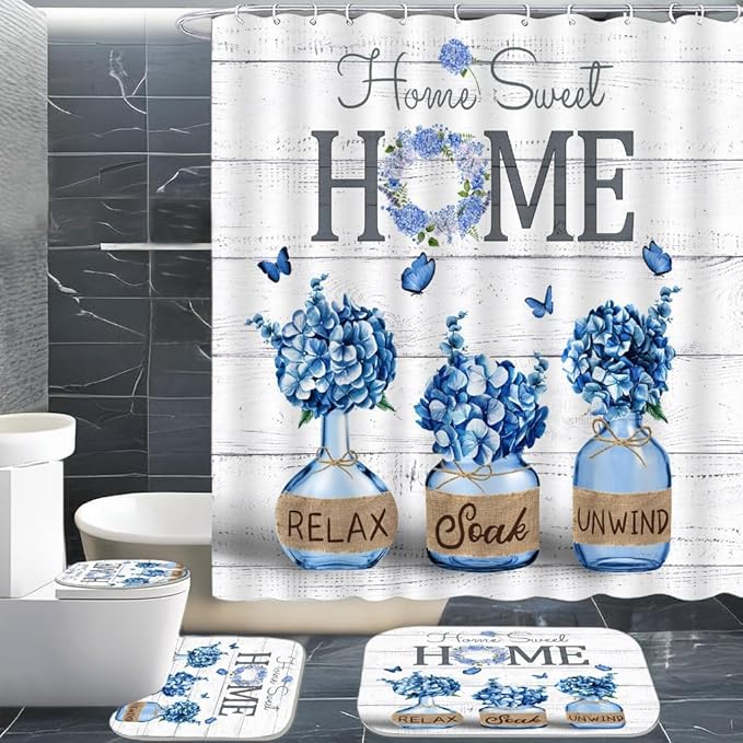 NBVKO 4 PCS Blue Hydrangea Shower Curtain Set,Home Sweet Bathroom Set with Rugs and Accessories,Farmhouse Country Bathroom Decor