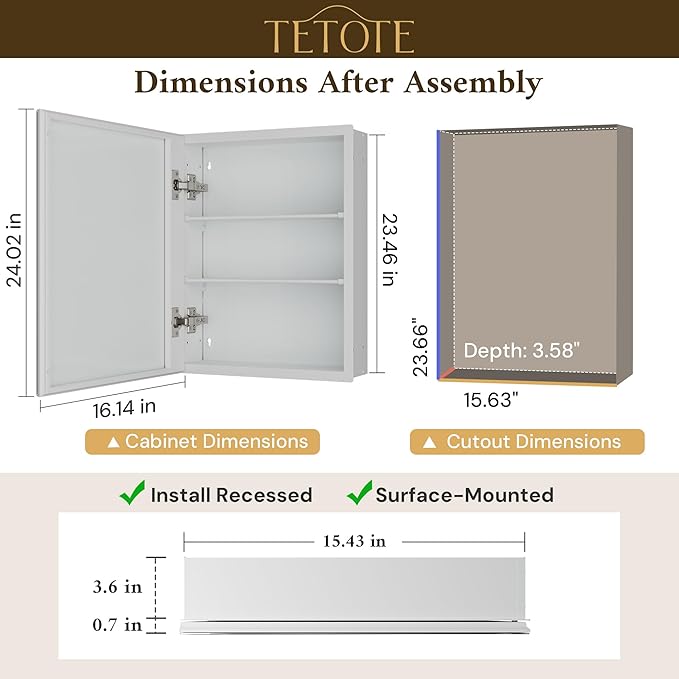 TETOTE 16 x 24 Medicine Cabinet with Tempered Beveled Mirror White Bathroom Mirror with Storage Aluminum Cabinet DTC Hinges, Stepless Adjustable Shelves, Recessed/Surface-Mounted