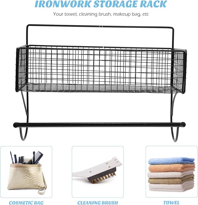 STOBAZA Wall-Mounted Bathroom Rack with Rod, Black Iron Multi-Function Storage Shelf for Toilet and Kitchen, Draining Hanging Holder for Space-Saving Household Organization