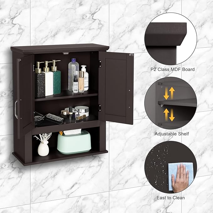 VINGLI Bathroom Cabinet Wall Mounted Espresso Wall Cabinet Floating Cabinet for Wall Storage Bathroom with Doors and Adjustable Shelf Medicine Cabinet Organizer