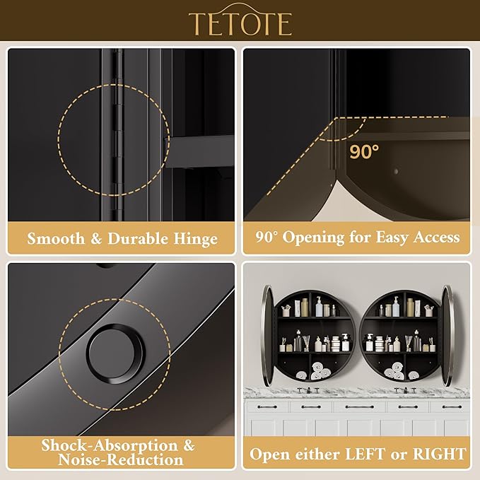 TETOTE 20 x 20 Inch Medicine Cabinet Mirror Brushed Nickel Framed Round Mirrored Medicine Cabinets for Bathroom Adjustable Shelves Modern Bathroom Mirror with Storage Wall Mounted