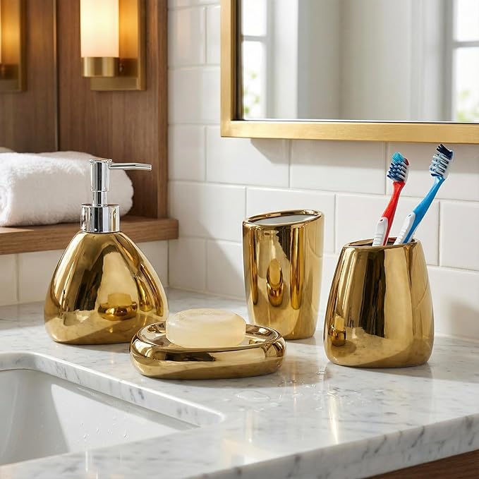 MyGift 4 Pcs Gold Bathroom Accessories Set with Toothbrush Holder, Soap Dispenser, Tumbler and Soap Dish, Bathroom Organizer Accessory for Modern Home Decor, Complete Ceramic