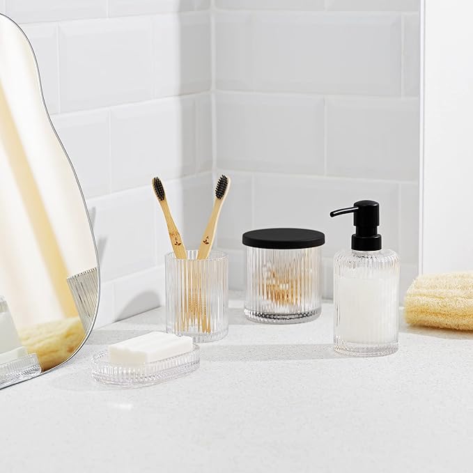 Navaris Glass Bathroom Accessories Set (4 Pieces) - Includes Soap Dispenser, Toothbrush Tumbler, Soap Dish, Cotton Pad Holder - Clear Glass with Black Metal
