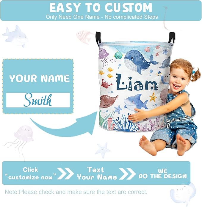 Personalized Laundry Hamper, Ocean Themed Laundry Baskets with Custom Name, Collapsible Hamper for Kids Adults Home Decoration,16.5 X 13.8in
