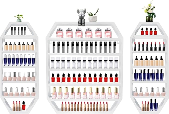 Wall-Mounted Nail Polish Rack, Set of 3 Octagonal White Nail Polish Shelf Lipstick Perfume Cosmetic Display Shelf for Home Spa Nail Salon Shop