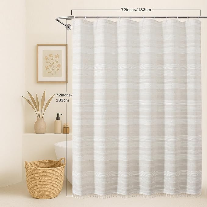 OVZME Natural Linen Shower Curtain for Bathroom, Boho Farmhouse Rustic Striped Shower Curtain with Tassel, Textured Heavy Duty Vintage Country Bathroom Curtain, 72Wx72L Inches
