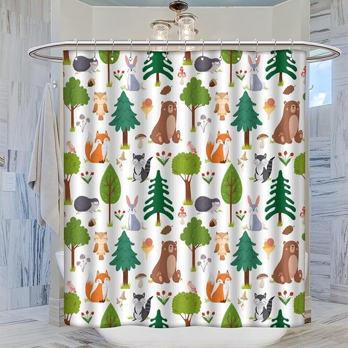 Kids Baby Woodland Shower Curtain Animals Cartoon Girls Children's Cute Cartoon Funny Colorful Weeds Plants Fox Waterproof Fabric Bathroom Decor 72x78 Inches(183x200cm), Style-12