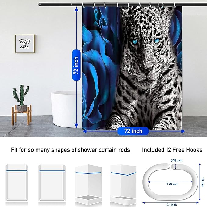 NBVKO 4PCS Blue Rose and Leopard Shower Curtain Set with Non-Slip Rugs,Toilet Lid Cover and Bath Mat,Bathroom Decor Accessory Set