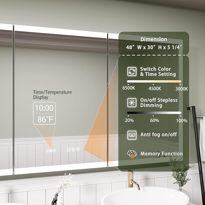 Recessed Medicine Cabinet with Mirror 48 x 30 Inch Led Medicine Cabinet for Bathroom Wall Mount Lighted Medicine Cabinet with Storage, 3 Colour Lights Dimmable Defog, Time/Temp Display