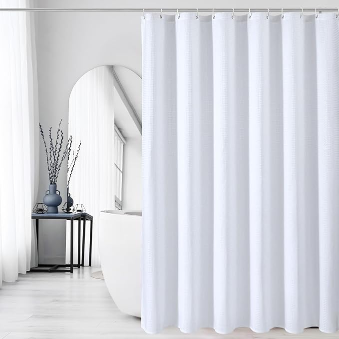 Gibelle Long Shower Curtain 72 x 78, Tall Waffle Weave Textured Fabric Shower Curtain for Bathroom, Water Repellent, Machine Washable, White
