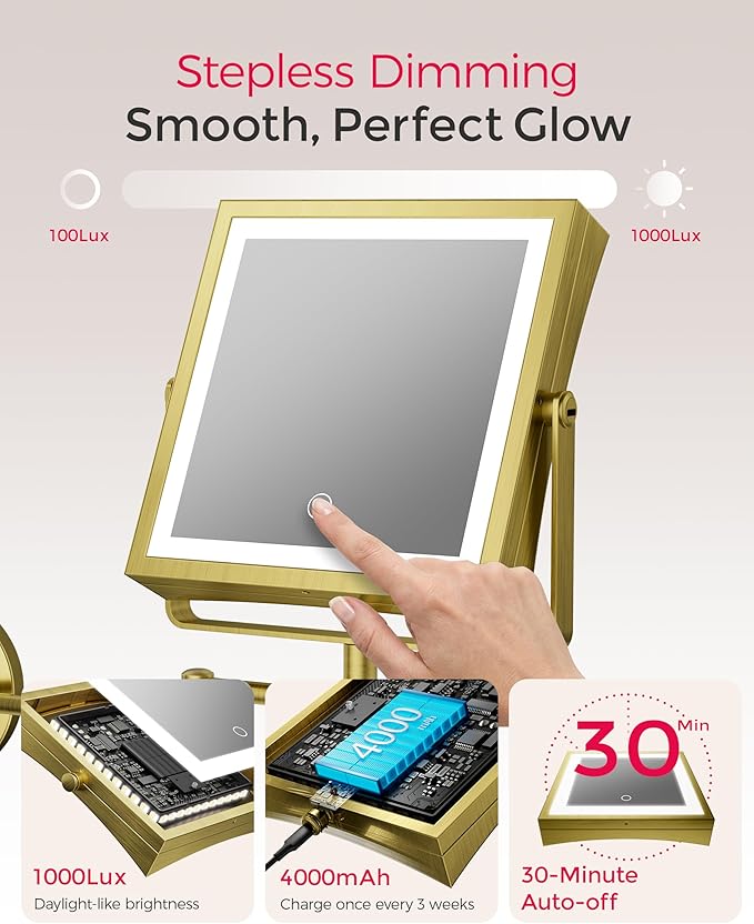 Rechargeable Wall Mounted Makeup Mirror with Lights, 4000mAh Double Sided 1X/10X Magnifying Vanity Mirror with 3 Color Lights, Touch Dimmable, 360° Extension Foldable Arm (Antique Brass)