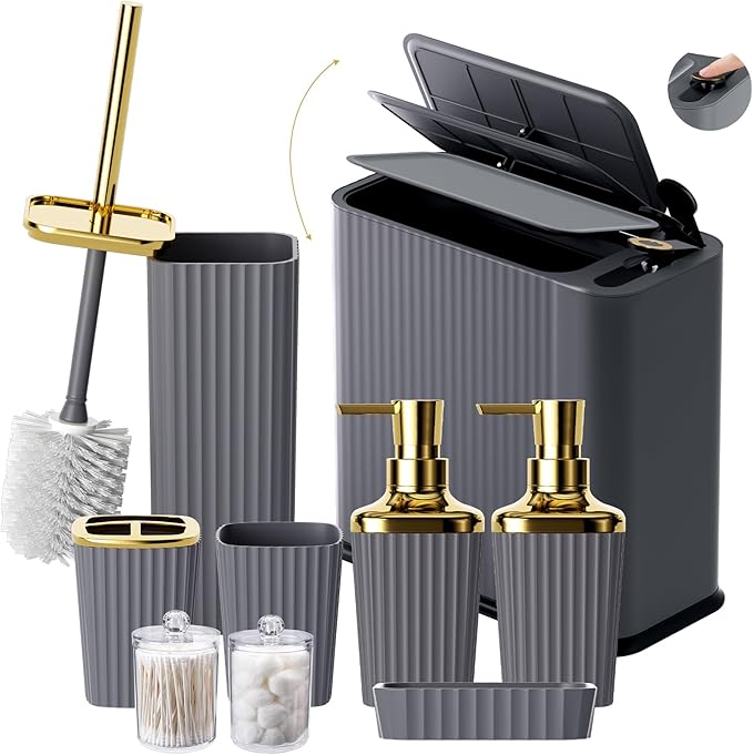 XLHOMO 9-Piece Dark Gray Bathroom Accessories Set - Durable & Sleek Kit with Slim Narrow Trash Can, Toilet Brush & Soap Dispensers - Space-Saving Modern Bathroom Decor