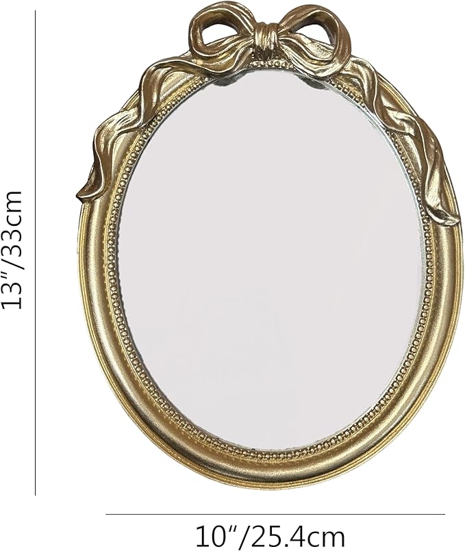 Vintage Vanity Desk Mirror - 13x10 Inch Wall-Mounted & Tabletop Decorative Ornate Gold Accent Retro Makeup Mirror for Bedroom Dresser Bathroom Living Room Dorm Oval