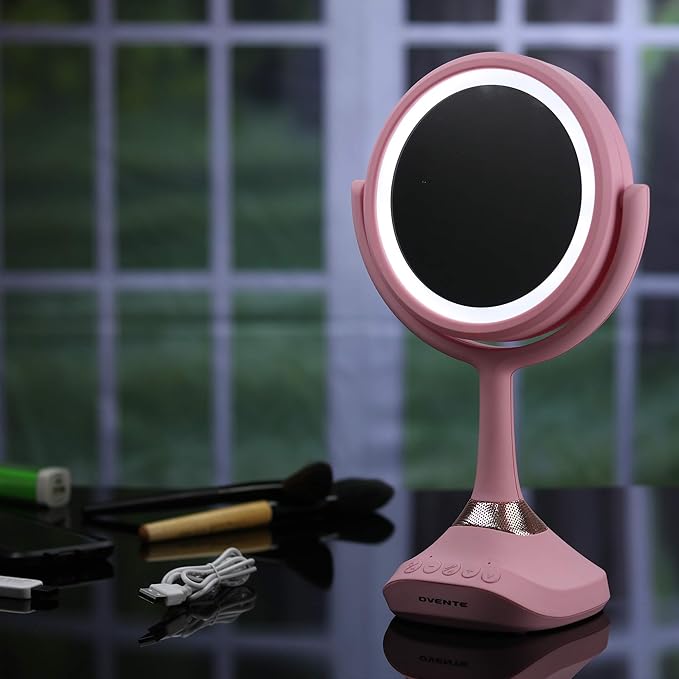 Ovente Lighted Vanity Mirror, Table Top, 360 Degree Spinning 6'' Double Sided Circle LED 1X 5X Magnifier with MP3 Audio, Built-in Wireless Speaker, Rechargeable, USB Operated, Baby Pink MRT06P1X5X