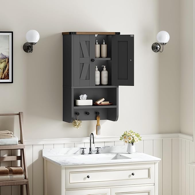 MAHANCRIS Bathroom Wall Cabinet, Farmhouse Medicine Cabinet with Adjustable Shelf, 3-Tier Wall-Mounted Storage Cabinet with 3 Hooks and Open Shelf, for Bathroom, Living Room, Kitchen, Black and Walnut