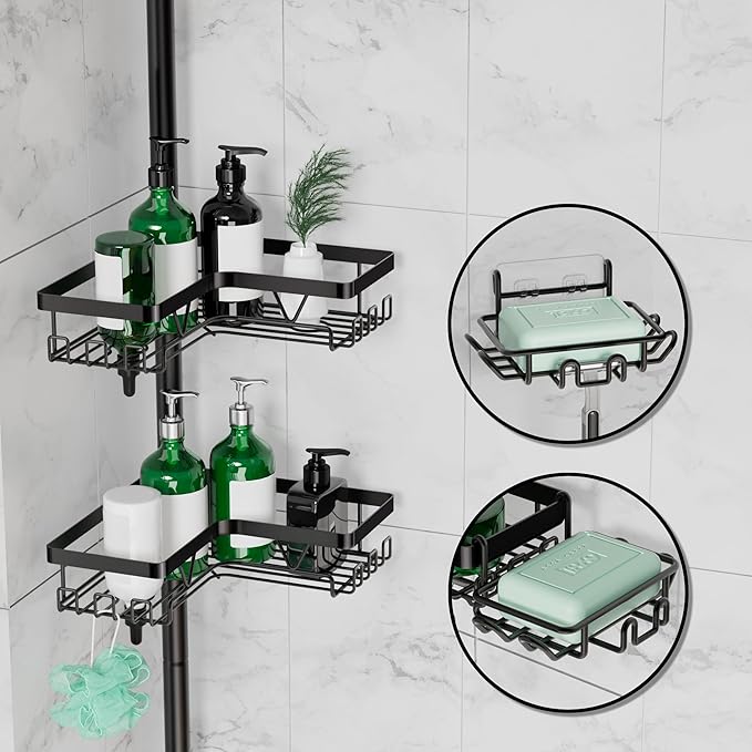 DAOYA Tension Pole Shower Caddy, 4-Tier Stainless Steel Shower Organizer with 2 Removable Soap Holders, 25 to 114.2 Inches, for Bathtub/Bathroom Corner, Renters Friendly, Black